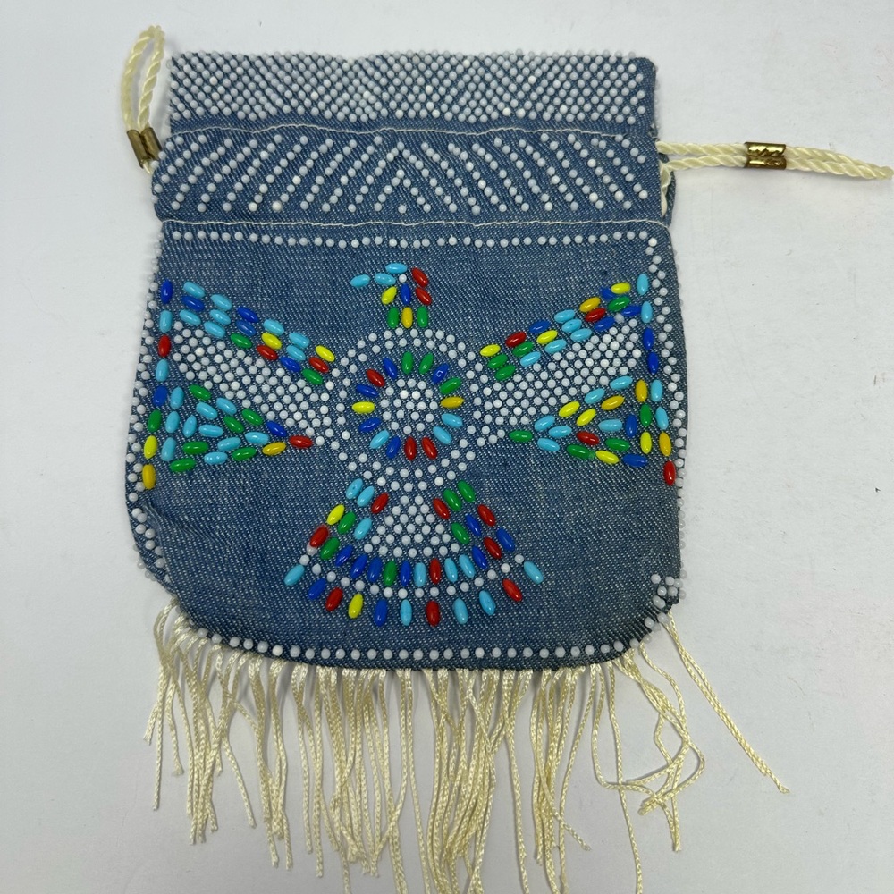Handmade Vintage 1970s Small Beaded Drawsting Bag Purse Indian Print New Mexico